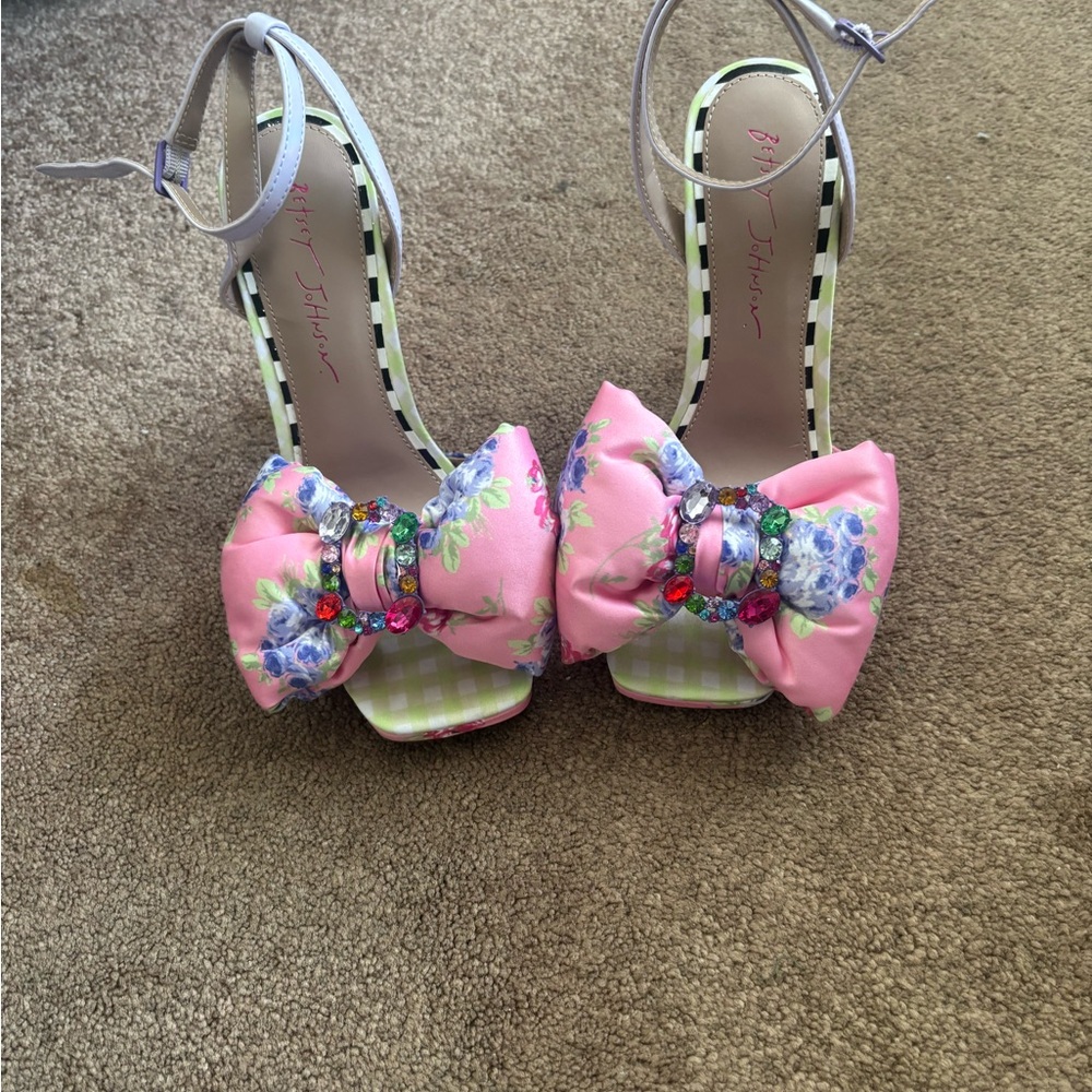 Betsey Johnson Pink Floral Bow Gem Ankle-Strap Heels